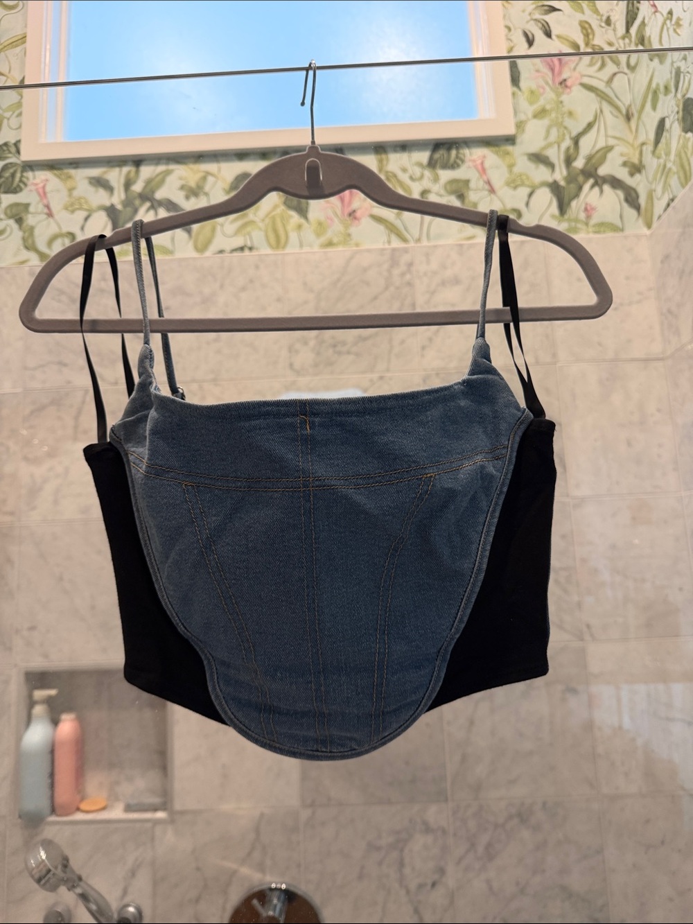 Fashion Nova Blue Denim Corset Camisole with Black Side Panels